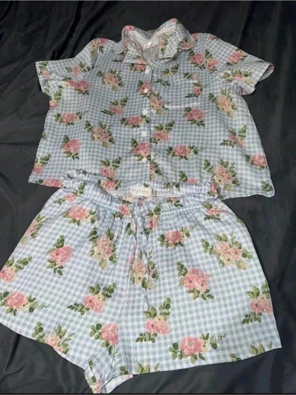 Woman Floral Blue Gingham Pajama Set - Short Sleeve & Shorts